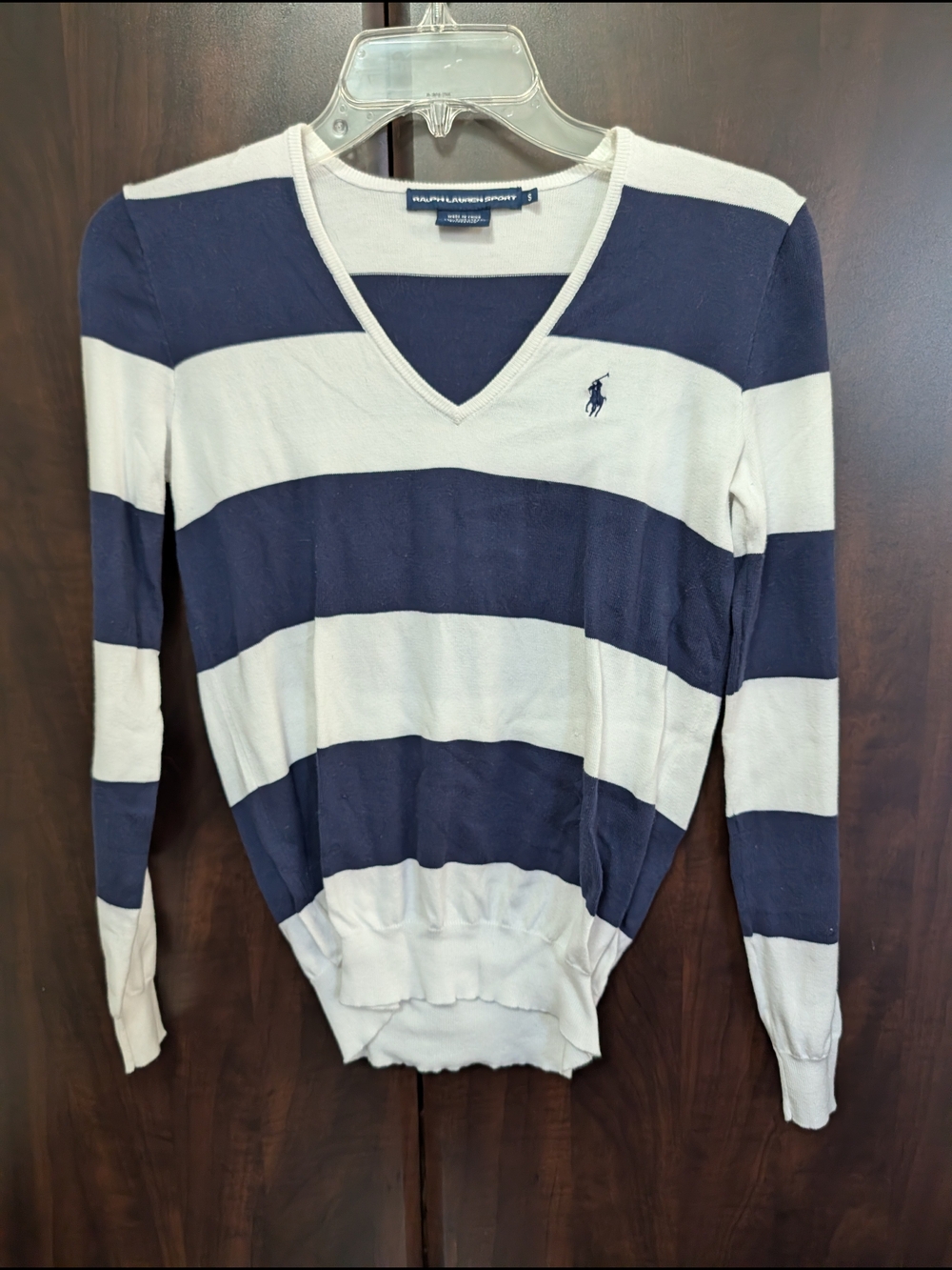 Ralph Lauren Sport Navy & Light Gray Striped V-Neck Sweater NWOT